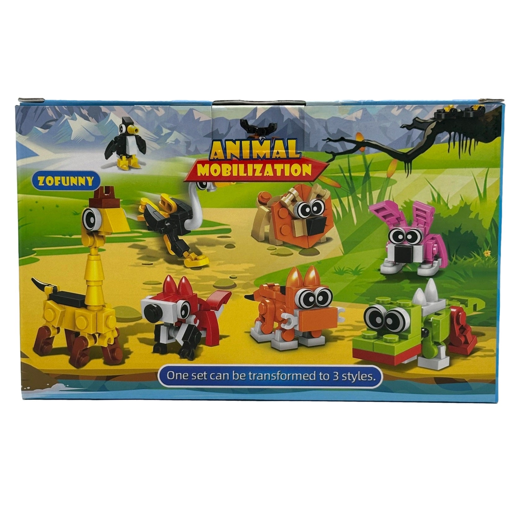 Box of "Zofunny Animal Mobilization" building block toys.